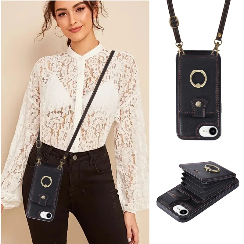 For iPhone 16e Hoesje met Kaarthouder Ring Kickstand TPU + PU Leren Telefoonhoes met Lange Strap - Zwart