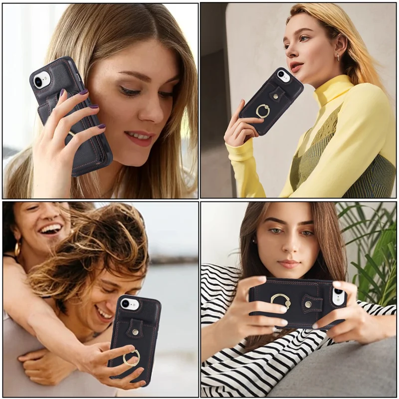 For iPhone 16e Hoesje met Kaarthouder Ring Kickstand TPU + PU Leren Telefoonhoes met Lange Strap - Zwart