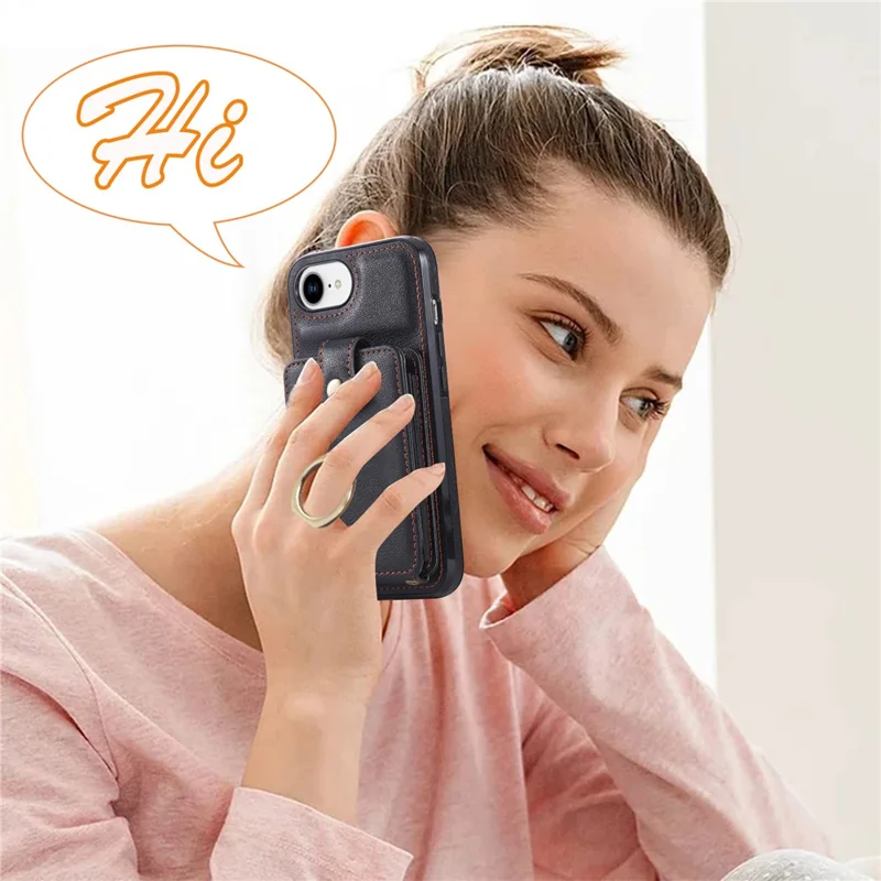 For iPhone 16e Hoesje met Kaarthouder Ring Kickstand TPU + PU Leren Telefoonhoes met Lange Strap - Zwart