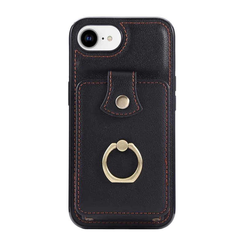 For iPhone 16e Hoesje met Kaarthouder Ring Kickstand TPU + PU Leren Telefoonhoes met Lange Strap - Zwart