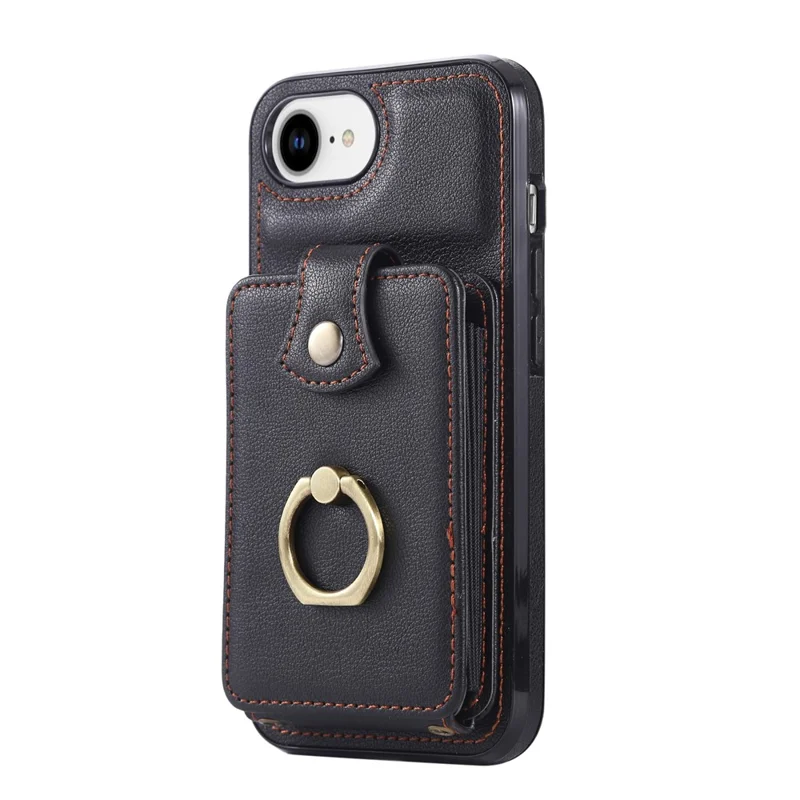 For iPhone 16e Hoesje met Kaarthouder Ring Kickstand TPU + PU Leren Telefoonhoes met Lange Strap - Zwart