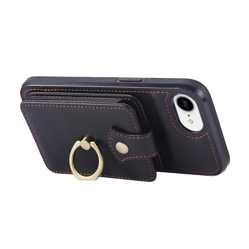 For iPhone 16e Hoesje met Kaarthouder Ring Kickstand TPU + PU Leren Telefoonhoes met Lange Strap - Zwart