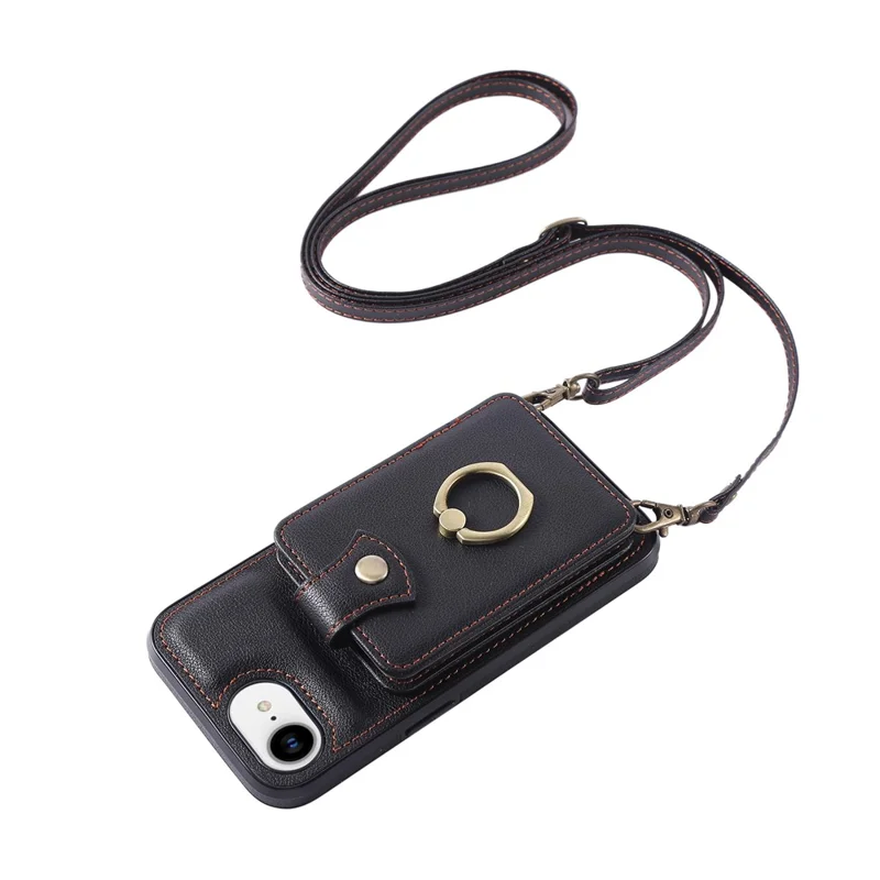For iPhone 16e Hoesje met Kaarthouder Ring Kickstand TPU + PU Leren Telefoonhoes met Lange Strap - Zwart