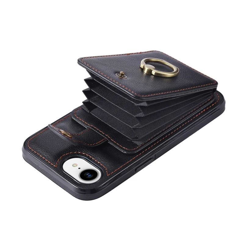 For iPhone 16e Hoesje met Kaarthouder Ring Kickstand TPU + PU Leren Telefoonhoes met Lange Strap - Zwart