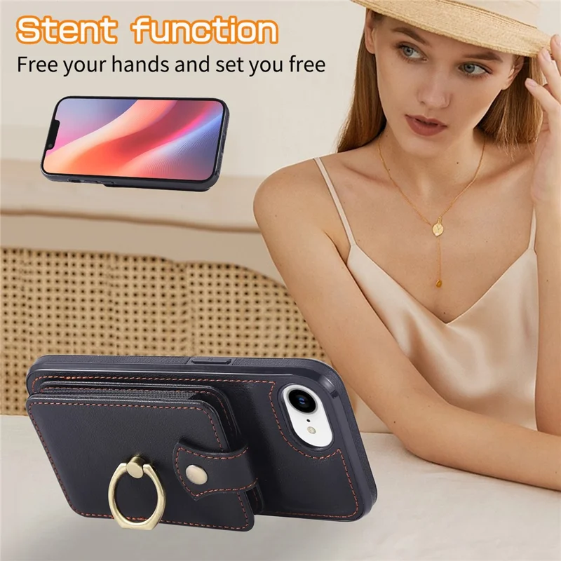 For iPhone 16e Hoesje met Kaarthouder Ring Kickstand TPU + PU Leren Telefoonhoes met Lange Strap - Zwart