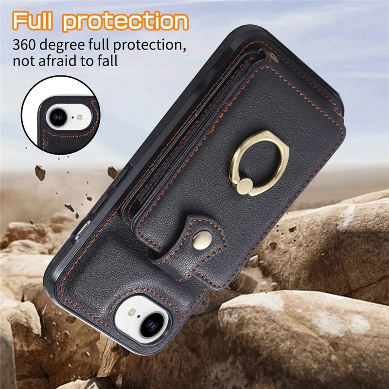 For iPhone 16e Hoesje met Kaarthouder Ring Kickstand TPU + PU Leren Telefoonhoes met Lange Strap - Zwart
