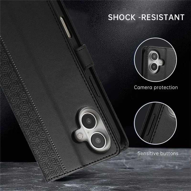 For iPhone 16 Plus Case Anti Scratch Splicing Imprinted Rhombus Leather Phone Cover - Black