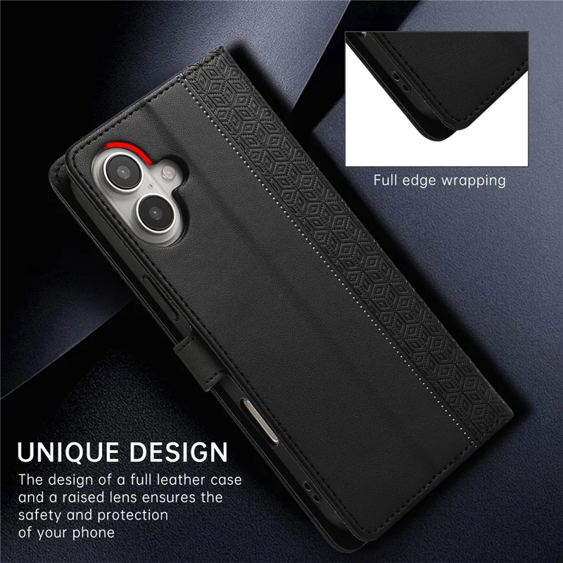 For iPhone 16 Plus Case Anti Scratch Splicing Imprinted Rhombus Leather Phone Cover - Black