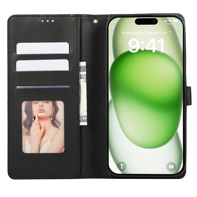 For iPhone 16 Plus Case Anti Scratch Splicing Imprinted Rhombus Leather Phone Cover - Black