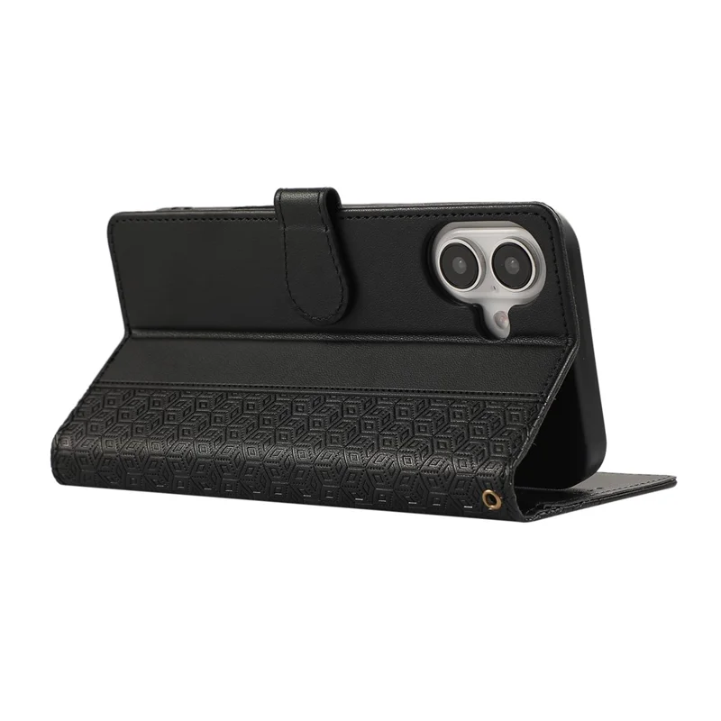 For iPhone 16 Plus Case Anti Scratch Splicing Imprinted Rhombus Leather Phone Cover - Black