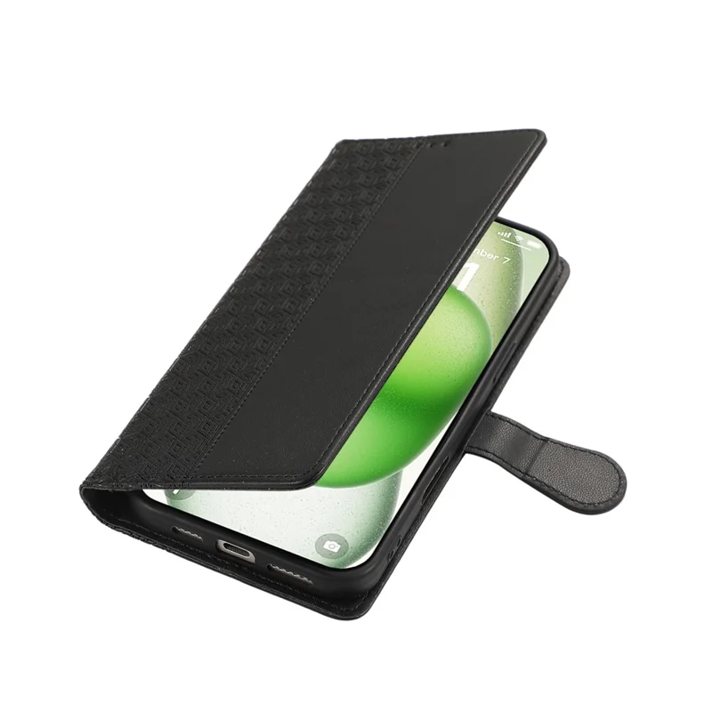 For iPhone 16 Plus Case Anti Scratch Splicing Imprinted Rhombus Leather Phone Cover - Black
