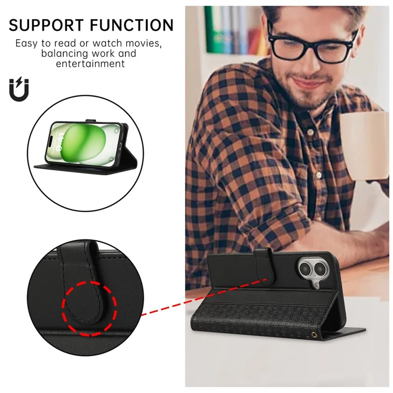 For iPhone 16 Plus Case Anti Scratch Splicing Imprinted Rhombus Leather Phone Cover - Black