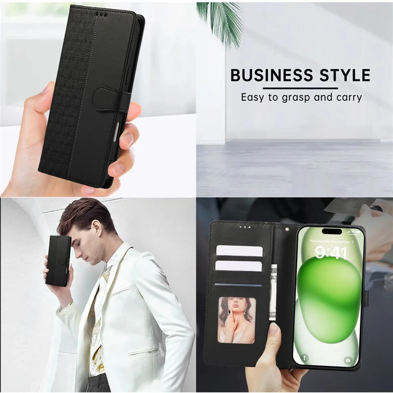 For iPhone 16 Plus Case Anti Scratch Splicing Imprinted Rhombus Leather Phone Cover - Black