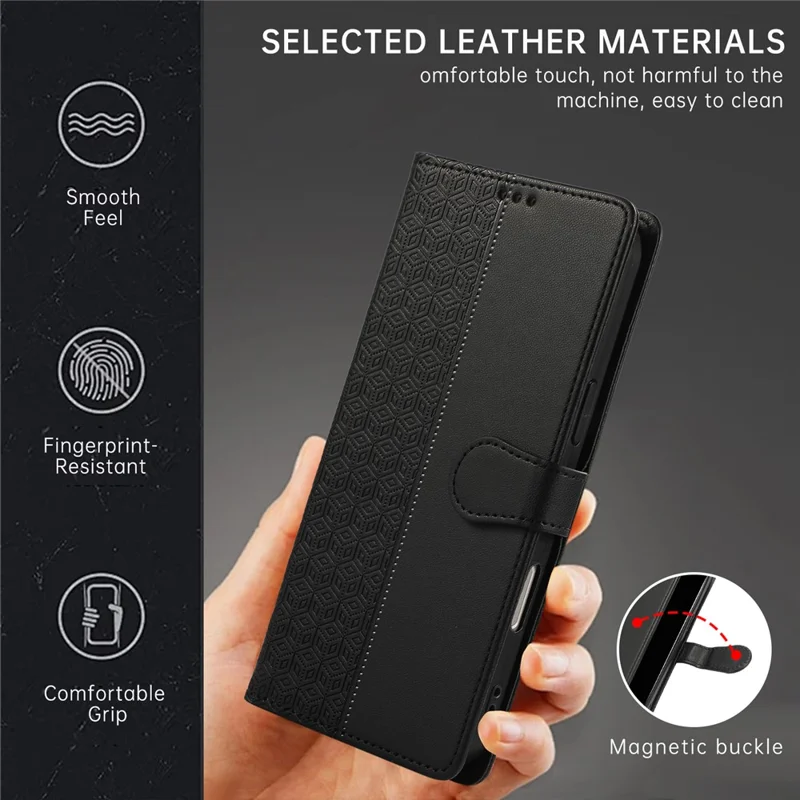 For iPhone 16 Plus Case Anti Scratch Splicing Imprinted Rhombus Leather Phone Cover - Black