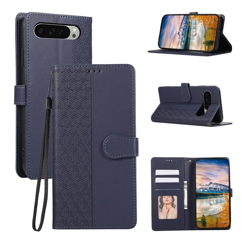 For Google Pixel 9 Pro XL Case Anti Scratch Splicing Imprinted Rhombus Leather Phone Cover - Blue