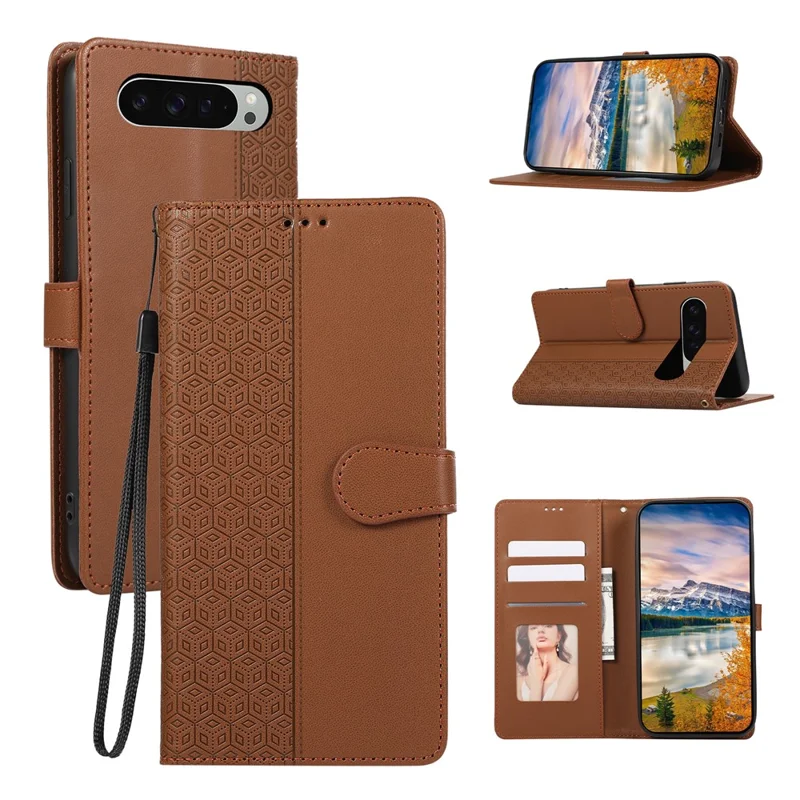 For Google Pixel 9 Pro XL Case Anti Scratch Splicing Imprinted Rhombus Leather Phone Cover - Brown