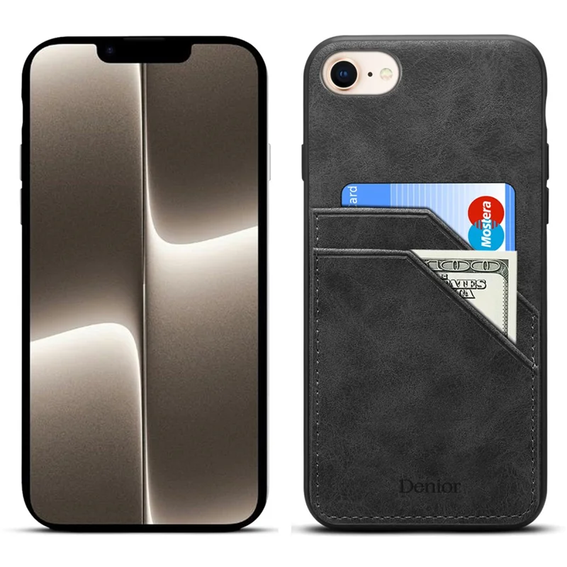 For iPhone 16e Case PU Leather Coated PC + TPU Phone Back Cover with Dual Card Slots - Black