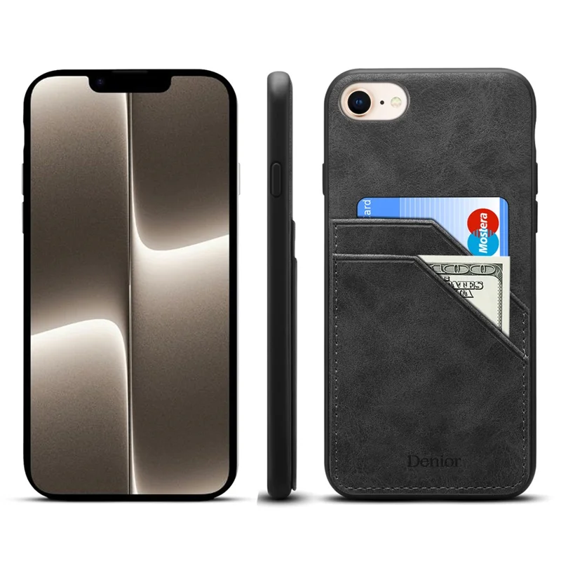 For iPhone 16e Case PU Leather Coated PC + TPU Phone Back Cover with Dual Card Slots - Black