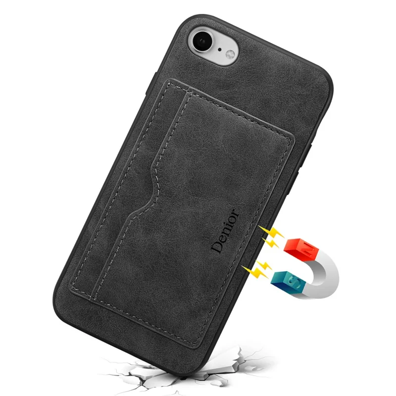 DENIOR For iPhone 16e Case Card Holder Kickstand Retro Leather+PC+TPU Phone Cover - Black