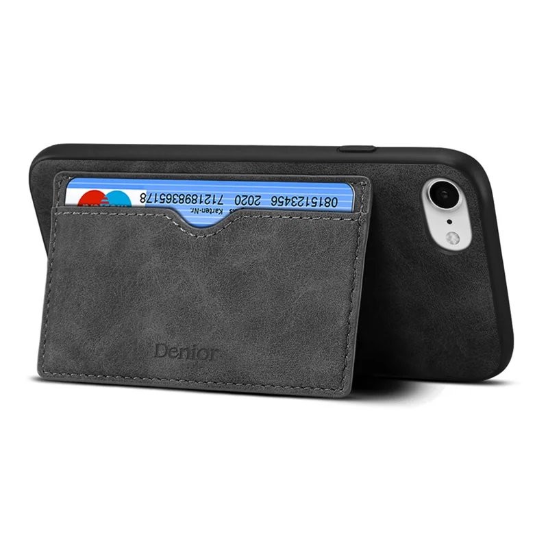 DENIOR For iPhone 16e Case Card Holder Kickstand Retro Leather+PC+TPU Phone Cover - Black
