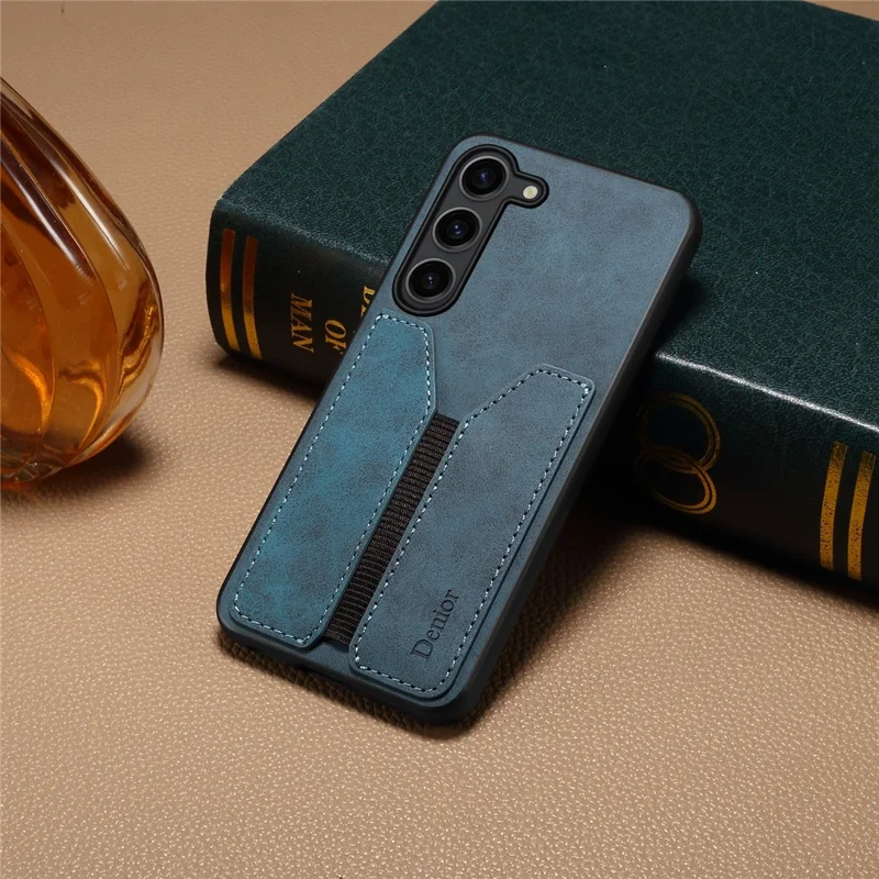 DENIOR For Samsung Galaxy S25 Case Elastic Card Holder PU Leather + TPU + PC Phone Cover - Blue