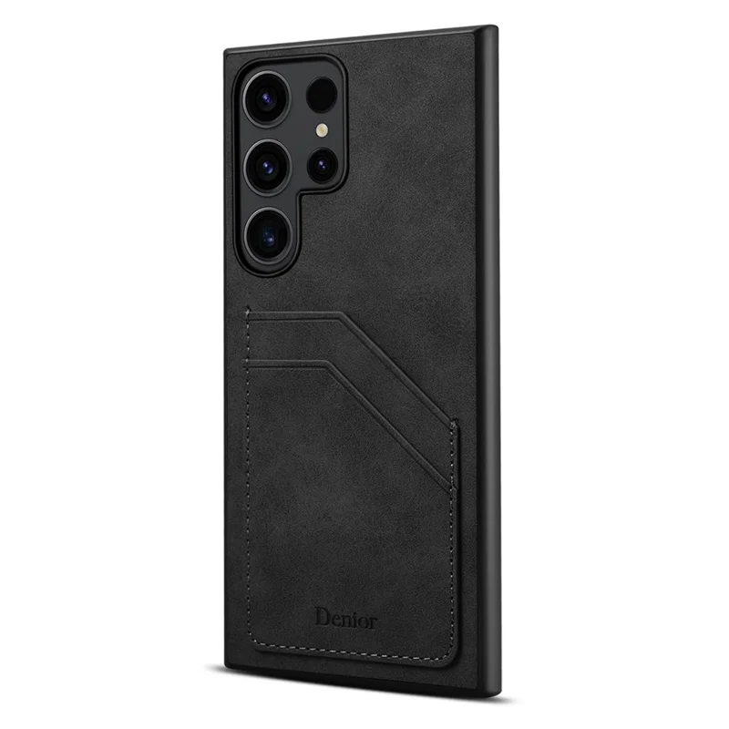 For Samsung Galaxy S25 Ultra Case PU Leather Coated PC + TPU Phone Back Cover with Dual Card Slots - Black