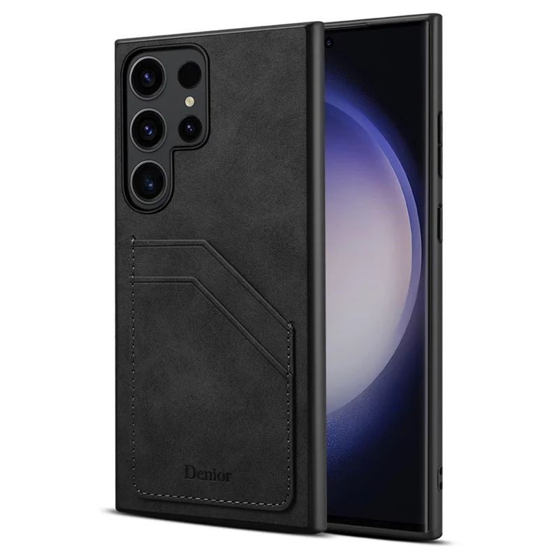 For Samsung Galaxy S25 Ultra Case PU Leather Coated PC + TPU Phone Back Cover with Dual Card Slots - Black