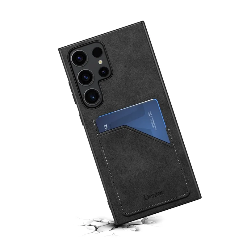 For Samsung Galaxy S25 Ultra Case PU Leather Coated PC + TPU Phone Back Cover with Dual Card Slots - Black
