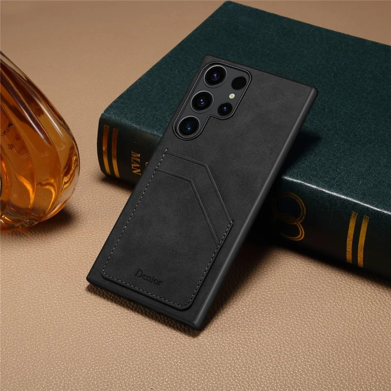 For Samsung Galaxy S25 Ultra Case PU Leather Coated PC + TPU Phone Back Cover with Dual Card Slots - Black
