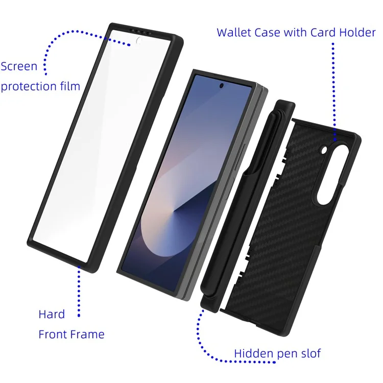 Funda para Samsung Galaxy Z Fold6 5G con película de vidrio, soporte de anillo, ranura para tarjetas, protección total PU + PC - Negro