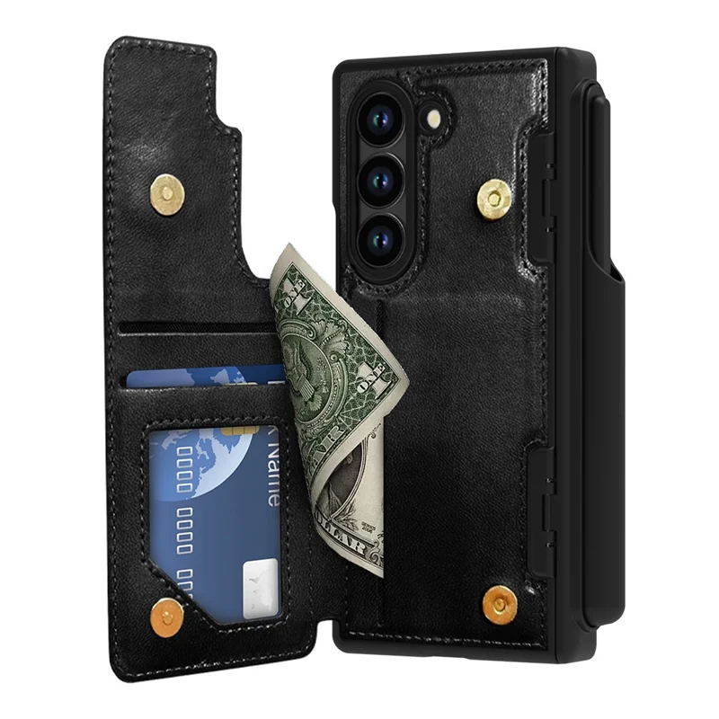 For Samsung Galaxy Z Fold6 5G Case Full Protection PU + PC Phone Cover with Front Film Card Holder - Black