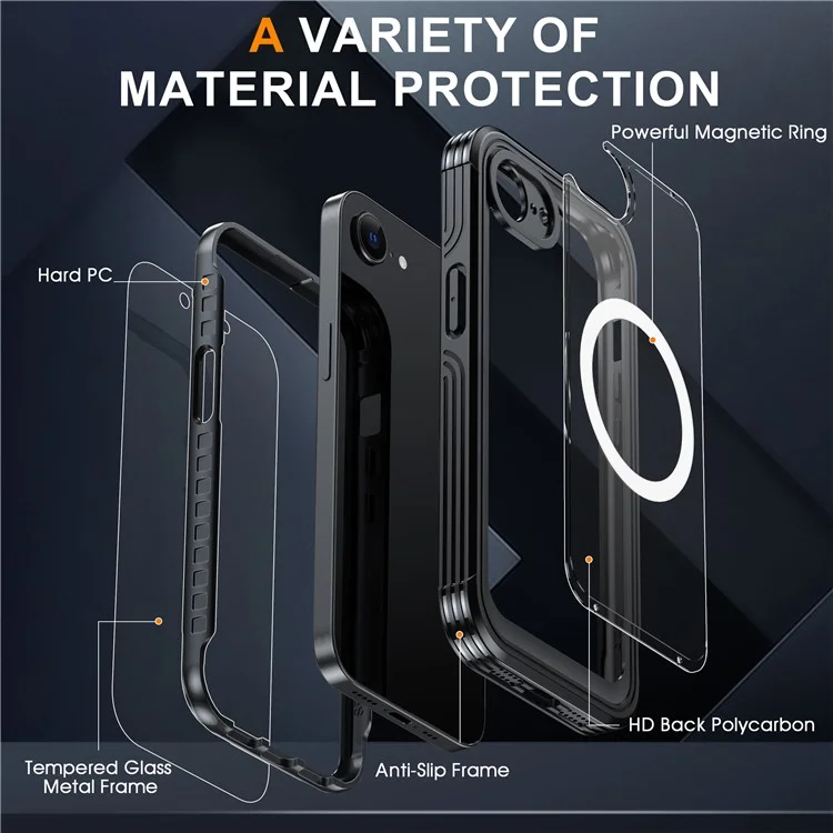 Coque Magnétique pour iPhone 16e en PC+TPU avec Film de Protection d'Écran en Verre Trempé - Noir