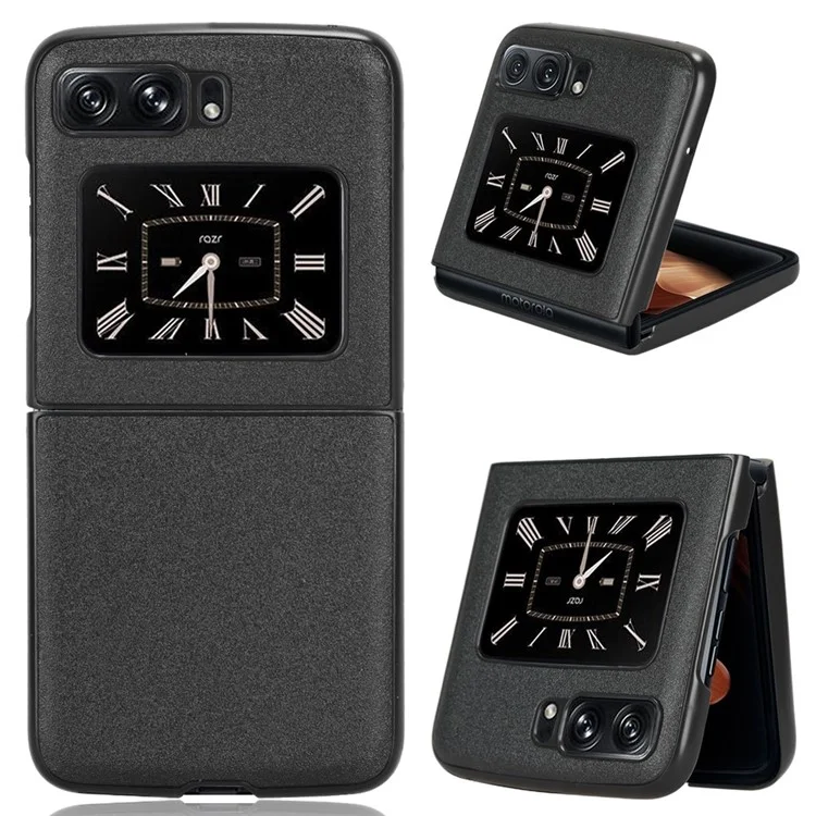 For Motorola Moto Razr 2022 5G Sand-like Texture Anti-Drop Protective Case PU Leather Coated PC Shockproof Phone Cover - Black