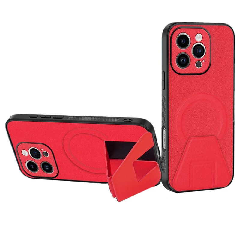 For iPhone 14 Pro Max Case Compatible with MagSafe Kickstand PC + TPU + PU Phone Cover - Red