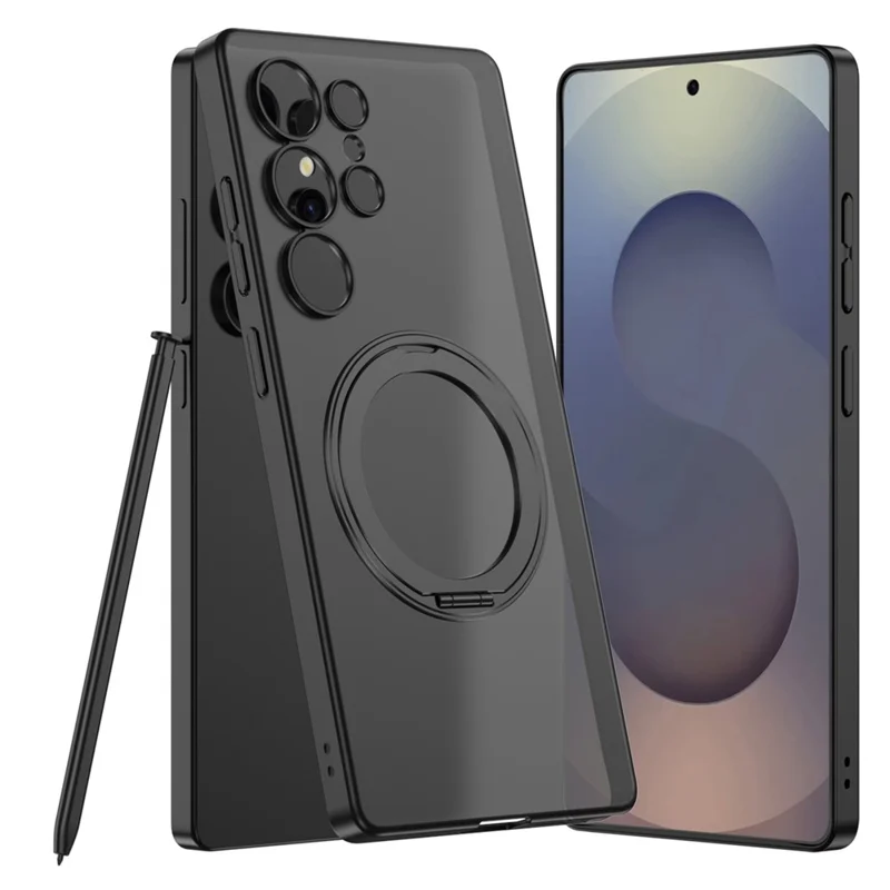 For Samsung Galaxy S25 Ultra Case Rotating Kickstand Translucent Matte PC + TPU Phone Cover Magnetic Case - Black