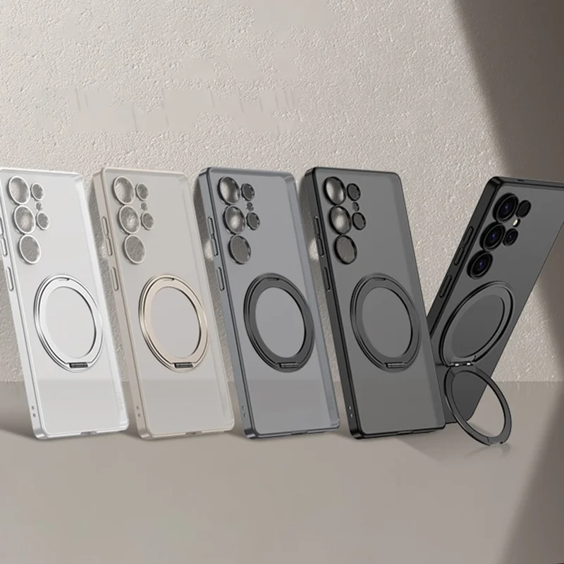 For Samsung Galaxy S25 Ultra Case Rotating Kickstand Translucent Matte PC + TPU Phone Cover Magnetic Case - Black