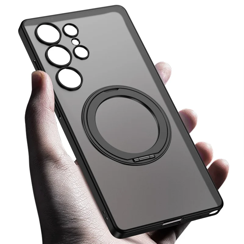 For Samsung Galaxy S25 Ultra Case Rotating Kickstand Translucent Matte PC + TPU Phone Cover Magnetic Case - Black