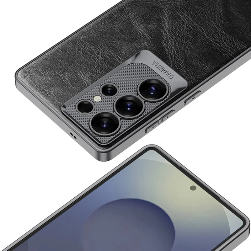 For Samsung Galaxy S25 Ultra Case Anti Drop Textured Waxy PU Leather Coated PC Phone Cover - Black