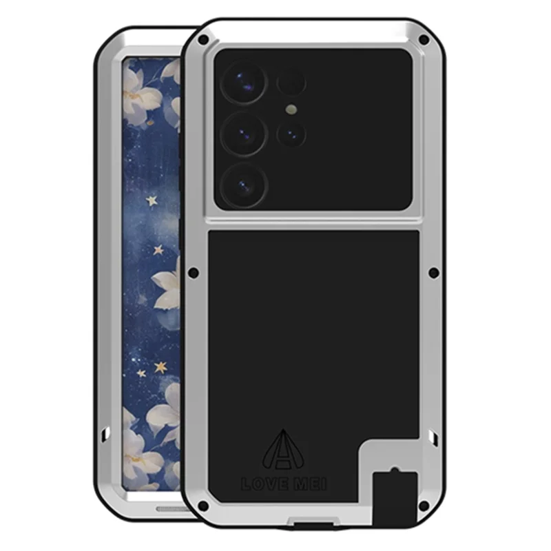LOVE MEI For Samsung Galaxy S25 Ultra Case with Tempered Glass Film Metal + Silicone Phone Cover - Silver