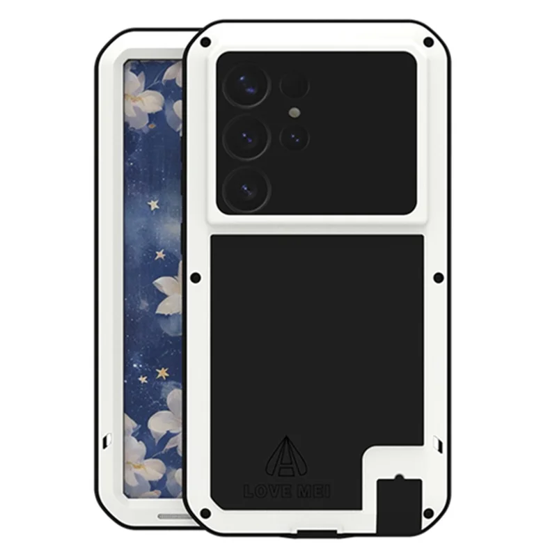 LOVE MEI For Samsung Galaxy S25 Ultra Case with Tempered Glass Film Metal + Silicone Phone Cover - White