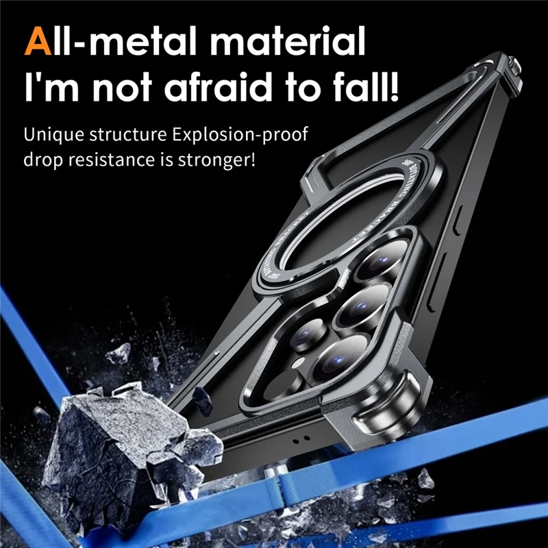 Für Samsung Galaxy S25 Ultra Magnetische Hülle Militärstandard Stoßfest mit Drehbarem Ständer Titan-Legierung Bumper Handyhülle - Grau