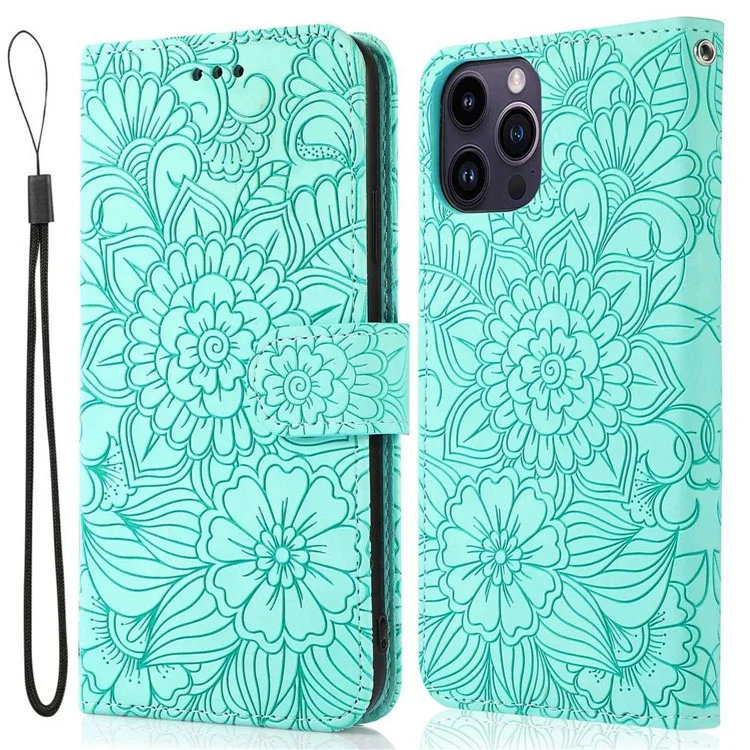 PU Leather Phone Case for iPhone 13 Pro Max 6.7 inch, Imprinted Flower Pattern Stand Wallet Shockproof Cell Phone Cover with Strap - Green