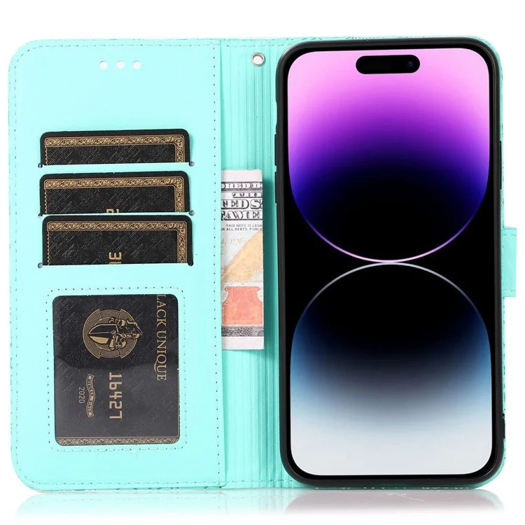 PU Leather Phone Case for iPhone 13 Pro Max 6.7 inch, Imprinted Flower Pattern Stand Wallet Shockproof Cell Phone Cover with Strap - Green
