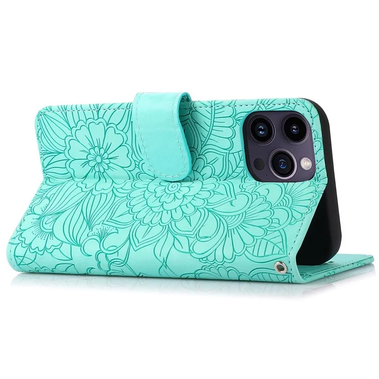 PU Leather Phone Case for iPhone 13 Pro Max 6.7 inch, Imprinted Flower Pattern Stand Wallet Shockproof Cell Phone Cover with Strap - Green