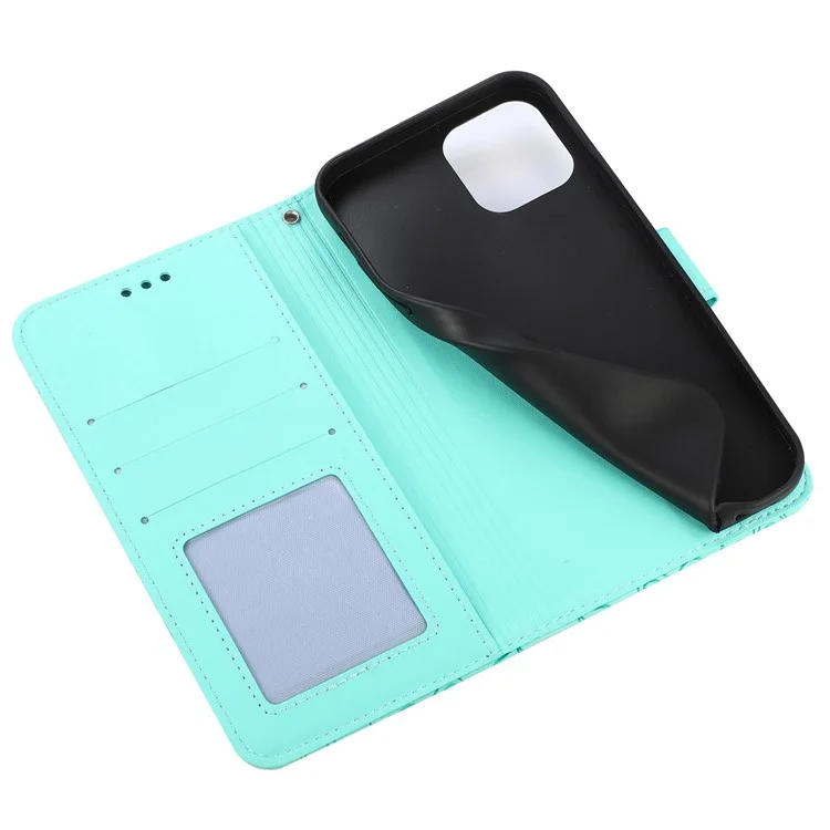 PU Leather Phone Case for iPhone 13 Pro Max 6.7 inch, Imprinted Flower Pattern Stand Wallet Shockproof Cell Phone Cover with Strap - Green