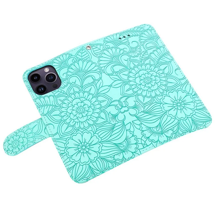 PU Leather Phone Case for iPhone 13 Pro Max 6.7 inch, Imprinted Flower Pattern Stand Wallet Shockproof Cell Phone Cover with Strap - Green