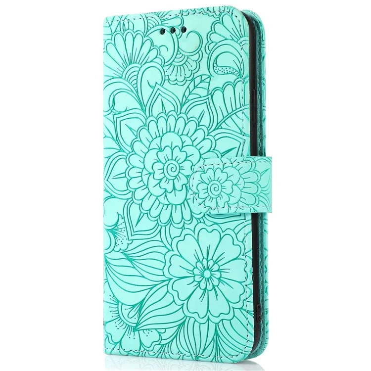 PU Leather Phone Case for iPhone 13 Pro Max 6.7 inch, Imprinted Flower Pattern Stand Wallet Shockproof Cell Phone Cover with Strap - Green