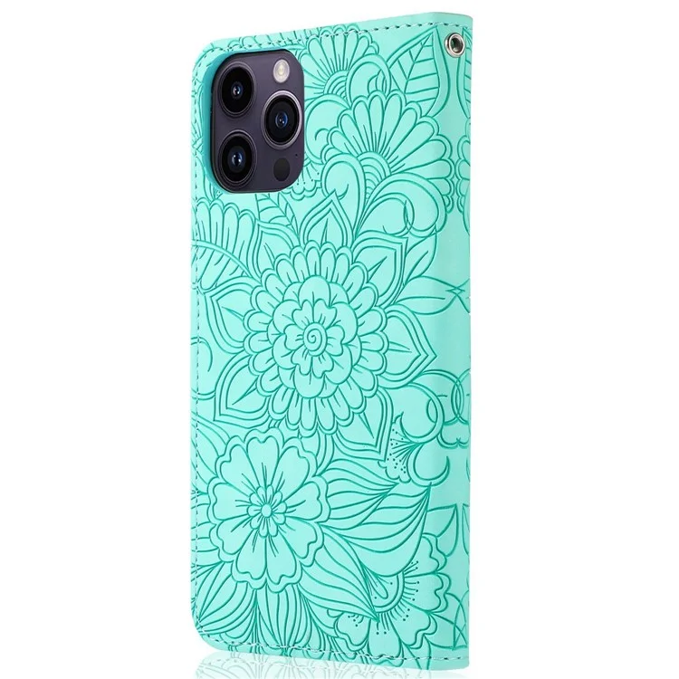 PU Leather Phone Case for iPhone 13 Pro Max 6.7 inch, Imprinted Flower Pattern Stand Wallet Shockproof Cell Phone Cover with Strap - Green