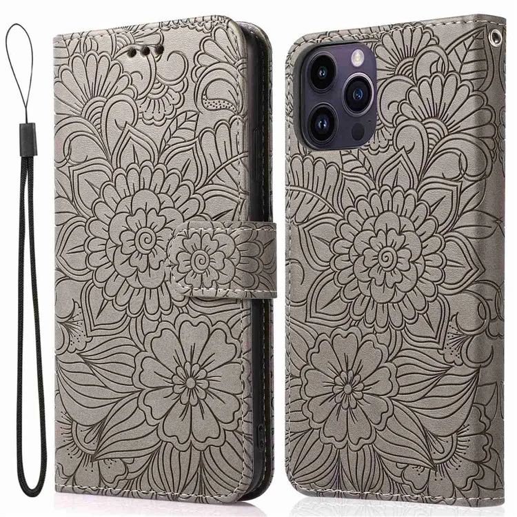 Caixa de Telefone de Couro PU Para Iphone 13 Pro Max 6,7 Polegadas, Tampa Celular à Prova de Choque da Carteira de Padrão de Suporte de Flores Impressas Com Cinta - Cinza