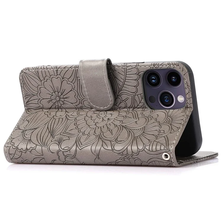 Caixa de Telefone de Couro PU Para Iphone 13 Pro Max 6,7 Polegadas, Tampa Celular à Prova de Choque da Carteira de Padrão de Suporte de Flores Impressas Com Cinta - Cinza